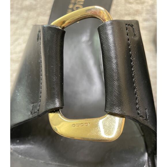 Gucci Black Leather Gold Buckle Slides Mules 9 Box EUC Sandals Shoes COA - Picture 10 of 16